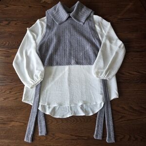 Zara Layered Sweater Blouse Long Womens Med Grey White Belted Pilgrim Collar EUC